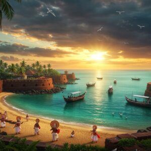 A stunning aerial view of Kannur's St. Angelo Fort at sunset, with traditional Kerala-style wooden fishing boats (rich brown) dotting the Arabian Sea's turquoise waters. The fort's laterite stone walls glow warm orange in golden hour light. In the foreground, tall swaying coconut palms frame the scene, while traditional Theyyam performers in elaborate red and gold costumes perform on a sandy beach. The sky features dramatic monsoon clouds in deep purples and oranges. Hidden in the composition are glimpses of the Payyambalam Beach's pristine shoreline and the dense mangrove forests of Madayipara. The scene is rendered in a style blending hyperrealistic digital art with traditional Malabar mural art techniques, featuring rich jewel tones of emerald, sapphire, and gold. Soft light rays filter through clouds, creating an ethereal atmosphere. A flock of white seabirds soars across the scene, adding movement and life. The entire image should evoke a sense of timeless heritage meeting natural beauty.