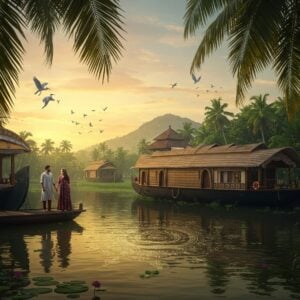 A serene panoramic view of Kottayam's backwaters at golden hour, featuring traditional Kerala houseboats adorned with intricate Madhubani-style patterns in gold and maroon. In the foreground, tall coconut palms frame the scene, their leaves swaying gently. The water reflects the warm sunset, creating mirror-like patterns. A modern Indian couple in contemporary clothing stands on a wooden jetty, the woman wearing a flowing cotton dress in peacock blue. Mist-covered Western Ghats mountains in the background, with rubber plantations and spice gardens visible on the slopes. Traditional Kerala architecture with sloped terracotta roofs peeks through the greenery. Kettuvallams (houseboats) feature modern solar panels alongside traditional thatched roofs. The scene combines photorealistic details with ethereal lighting and surreal color palette of deep greens, warm golds, and tranquil blues. Small kingfishers perch on water lilies, while a flight of white herons crosses the sky. Detailed mandalas in water ripples, styled in traditional Kerala mural art patterns. Hyperrealistic water reflections with cinematic lighting, 8k resolution, architectural photography style.
