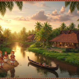 A captivating aerial view of Mavilayi's lush green landscape during golden hour, featuring traditional Kerala-style tiled-roof houses nestled among coconut palms. In the foreground, a serene backwater stream reflects the warm sunlight, with a traditional wooden vallam (boat) gliding across. The scene includes vibrant Theyyam performers in full traditional costume and makeup on the shoreline, their red and gold attire contrasting with the greenery. Delicate Madhubani-style border patterns frame the scene, incorporating Kerala motifs like elephants and banana leaves. The sky features ethereal pastel clouds with golden undertones, creating a dreamy atmosphere. Modern elements include a tastefully designed luxury homestay with infinity pool overlooking the landscape. The lighting is soft and atmospheric, with sun rays filtering through coconut fronds, creating a magical ambiance. The art style combines hyperrealistic digital photography with traditional Indian art elements, maintaining rich, deep colors of maroon, gold, and peacock blue.