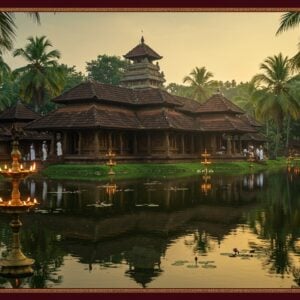 A serene ancient Kerala temple complex reflected in a pristine sacred pond during golden hour, featuring traditional Kerala architecture with sloped terracotta-tiled roofs and intricate wooden carvings. The main shrine, adorned with gold-plated flagstaff (dhwajasthambam), emerges from a backdrop of towering coconut palms. Soft evening light creates a magical glow on the water's surface, where lotus flowers bloom. The temple's reflection creates a perfect mirror image in the still water. In the foreground, brass temple lamps (nilavilakku) emit a warm glow, while devotees in traditional Kerala attire (white mundu and neriyathu) circumambulate the temple. Ethereal rays of light filter through the palm fronds, creating a mystical atmosphere. The scene combines photorealistic details with Madhubani-inspired decorative elements in the border, featuring traditional Kerala motifs in gold and deep maroon. The overall composition emphasizes the spiritual tranquility with a color palette of deep greens, burnt orange, gold, and peaceful blues, rendered in a modern digital art style while maintaining cultural authenticity.