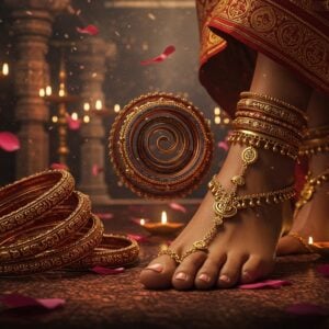 A close-up, richly detailed scene of elegant Indian woman's hands and feet adorned with intricately crafted Panchaloha jewelry. The bangles and bracelets feature traditional Tamil temple architecture patterns with small bells and sacred symbols etched in gold against the five-metal alloy. Her ankles showcase traditional Panchaloha payal with delicate chain work and small dancing peacock motifs. The jewelry pieces emit a subtle, mystical glow, highlighting the natural luster of copper and bronze components. In the background, a dreamy temple sanctum setting with soft-focused oil lamps and floating lotus petals. The scene incorporates Madhubani-style decorative elements with swirling patterns in deep maroon, peacock blue, and burnished gold. Ethereal light rays filter through temple pillars, creating a divine atmosphere. The jewelry pieces are arranged in an artistic spiral pattern, showcasing their craftsmanship. Hyperrealistic digital art style with attention to metallic textures and traditional designs, maintaining a perfect balance between ancient craftsmanship and contemporary aesthetic appeal.
