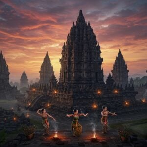 A majestic aerial view of Prambanan Temple complex during golden hour, with its towering 47-meter central shikhara dedicated to Shiva rising against a dramatic sunset sky filled with swirling pink and orange clouds. The temple's intricate carved reliefs and architectural details are highlighted with ethereal golden light. In the foreground, three traditionally dressed Indonesian women in vibrant batik sarongs and sashes perform a graceful Javanese dance pose with flowing movements. The surrounding landscape features lush tropical vegetation, with frangipani flowers and burning incense creating a mystical atmosphere. The scene combines photorealistic architecture with ethereal lighting effects, digital art style with rich textures. Multiple smaller temples in perfect geometric alignment recede into the background, their spires casting long shadows. The stone textures show ancient weathering patterns while maintaining their intricate carvings of scenes from Ramayana. Small oil lamps illuminate the base of the temples, creating a magical glow. A soft mist partially shrouds the base of the complex, adding depth and mystery to the scene. The lighting emphasizes the temple's perfect proportions and Hindu-Javanese architectural elements, with detailed stone work visible on the main towers. Style: cinematic, architectural photography merged with digital fantasy art, high detail, volumetric lighting