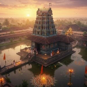 A grand aerial view of an intricately detailed South Indian temple complex in Kannur, featuring traditional Kerala architecture with copper-plated roofs and golden temple flags. The main shrine, dedicated to Lord Shiva, stands majestically in the center, surrounded by smaller shrines adorned with detailed Madhubani-style murals in deep maroon and gold. The temple pond reflects the sunrise, creating a ethereal glow with soft pink and orange hues in the sky. Devotees in traditional Kerala attire circumambulate the temple, while oil lamps cast a warm golden light. The scene incorporates modern digital art elements with surreal floating lotus flowers and mandalas in peacock blue and saffron. The foreground shows intricate kolam patterns made with rice flour, merging into glowing spiritual symbols. Rays of divine light stream through morning mist, creating a mystical atmosphere. The scene is captured in a cinematic wide-angle perspective, with hyper-realistic details of the temple architecture blending seamlessly with ethereal lighting effects and traditional Pattachitra art elements.