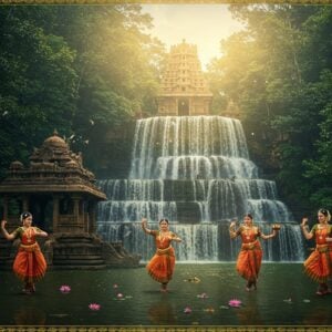 A stunning wide-angle composition of the majestic Thirukutralam waterfalls cascading down five tiers amidst lush greenery, with the ancient stone Shiva temple prominently featured in the foreground. The temple architecture showcases intricate Dravidian style with detailed gopurams and mandapas, rendered in rich golden-hour lighting. Three graceful female dancers in traditional Tamil dance costumes performing Kuravanchi dance poses, their jewelry glinting in the sunlight. The scene incorporates mystical elements with soft mist rising from the falls, creating a dreamy atmosphere. The color palette features deep forest greens, earthy browns, and golden highlights. The composition includes traditional Madhubani-style decorative borders with Tamil motifs and sacred symbols. The water appears crystalline with a magical glow, while scattered lotus flowers float in the temple tank. The overall scene is rendered in a harmonious blend of photorealistic detail and ethereal Indian artistic style, with gentle rays of sunlight filtering through the canopy creating natural spotlights on key elements.