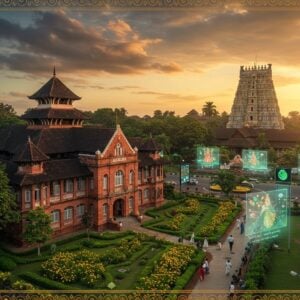 A majestic aerial view of Thrissur's iconic circular Swaraj Round at golden hour, with the historic Public Library building in detailed Indo-Saracenic architecture prominently featured in the foreground, its red brick facade and ornate windows glowing in warm sunlight. Traditional Kerala-style architecture elements blend seamlessly with modern glass and steel structures. The scene includes people in modern clothing walking through a garden path lined with blooming yellow Konna flowers. In the background, the towering gopuram of Vadakkumnathan Temple rises against a dramatic sky with streaks of saffron and deep blue. Digital information displays and sleek street furniture contrast with heritage buildings. The composition features intricate Madhubani-style border patterns in gold and peacock blue, with stylized lotus motifs in corners. Soft ethereal lighting creates a mystical atmosphere, while holographic art installations showcase Kerala's performing arts. The overall scene combines traditional Kerala architectural elements with futuristic smart city features, rendered in a style merging traditional Indian art with modern digital aesthetics, emphasizing rich cultural heritage meeting contemporary progress.
