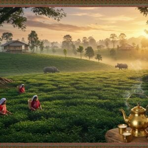 A serene panoramic view of rolling tea gardens in Tinsukia, with rows of lush green tea bushes extending to the horizon, captured during golden hour sunrise. Traditional Assamese women tea pluckers in mekhela chadors (in shades of red and white) delicately picking tea leaves in the foreground. A magnificent one-horned rhinoceros grazes peacefully in a distant clearing. The sky features soft, rose-gold clouds with ethereal morning mist hovering over the plantation. Ancient banyan trees with sprawling roots frame the scene, while a traditional Assamese bamboo and wood tea estate bungalow sits atop a small hill. Modern luxury eco-lodges blend seamlessly with the landscape. Intricate Madhubani-style border patterns featuring tea leaves and local wildlife decorate the edges. A traditional brass tea set with steam rising creates a focal point in the lower corner. The lighting is warm and dreamy, with sun rays filtering through morning fog, creating a mystical atmosphere. Photorealistic digital art style with elements of traditional Indian art, emphasizing rich emerald greens, gold, and deep burgundy tones.