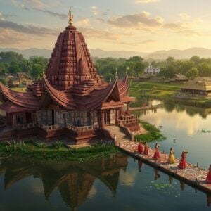 A majestic aerial view of Udaipur, Tripura, with the magnificent Tripura Sundari Temple dominating the foreground, its ornate architecture rendered in vibrant maroon and gold. The temple reflects in the pristine waters of Amar Sagar Lake, creating a mirror-like effect. Traditional Tripuri women in rignai and risa attire walk along decorated pathways, carrying brass offerings. The scene features intricate Madhubani-style borders with peacocks and lotus motifs. The background showcases rolling green hills dotted with bamboo groves and indigenous tribal houses. Soft golden sunset light bathes the scene, creating an ethereal atmosphere with hints of pink and orange in the sky. Modern tourist facilities blend seamlessly with traditional architecture. The composition includes detailed elements of Tripuri handicrafts like bamboo work and handloom textiles displayed in modern market stalls. The lighting is warm and inviting, with subtle lens flares highlighting key architectural features. Style combines hyperrealistic digital art with traditional Indian artistic elements, rendered in 8K resolution with cinematic lighting.