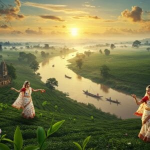A panoramic aerial view of Upper Assam's lush tea gardens stretching to the horizon, with the mighty Brahmaputra River flowing through in golden-blue hues. In the foreground, an elegantly dressed Assamese woman in traditional mekhela chador (white and gold) performs the graceful Bihu dance. She's surrounded by floating tea leaves and orchids native to Assam. The scene includes iconic elements: a one-horned rhinoceros emerging from morning mist, ancient Ahom-era temples with distinctive architecture, and traditional bamboo houses on stilts. The lighting captures a mystical sunrise with soft golden rays filtering through morning fog. Traditional Assamese motifs and jaapi (traditional hat) patterns are subtly woven into the clouds. The composition features rich emerald greens of tea gardens, deep blues of the river, and warm golds of the sunrise. Art style merges hyperrealistic digital painting with traditional Assamese textile patterns, creating a modern yet culturally authentic aesthetic. Small boats with fishermen dot the river, while silk weavers work on traditional looms under towering bamboo groves.