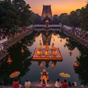 A majestic aerial view of Vadakkechira pond at golden sunset, with its ancient granite steps leading to crystal-clear waters reflecting ornate traditional Kerala architecture. In the foreground, a group of Indian performers in vibrant Kathakali and Mohiniyattam costumes dance gracefully on a decorated platform. The scene features intricate Madhubani-style border patterns with peacocks and lotus motifs in rich gold and saffron. Modern LED installations illuminate the centuries-old trees surrounding the pond, creating a magical interplay of traditional and contemporary elements. Floating diyas and paper lanterns dot the water surface, casting ethereal reflections. The iconic Vadakkumnathan Temple spire is visible in the background, shrouded in a mystical purple-orange twilight haze. The composition includes small groups of locals and tourists in modern attire enjoying the cultural spectacle, while traditional Kerala parasols in silk and gold add pops of color. The scene captures both the historical grandeur and contemporary vibrancy of Thrissur's cultural heart, rendered in a style blending photorealistic details with ethereal digital art effects.