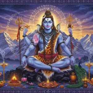 A majestic visualization of Lord Shiva seated in deep meditation on Mount Kailash, with eight arms, each holding significant items - damaru, trishul, rudraksha mala, kamandalu, agni, lotus, deer, and one hand in abhaya mudra. His form radiates a divine blue aura with intricate mandala patterns. He wears a crescent moon on his matted locks, with the sacred Ganga flowing. The background features ethereal Himalayan peaks bathed in golden-purple twilight. Sacred Sanskrit verses materialize as golden light streams around him. Nandi sits devotedly nearby. The scene includes floating lotus flowers, peacock feathers, and delicate smoke from burning incense. The art style combines traditional Thanjavur painting techniques with modern digital art, featuring rich jewel tones - deep blues, cosmic purples, and metallic golds. Multiple celestial beings are shown in reverence, floating in the periphery. The entire composition is framed by an intricate border of intertwined serpents and rudraksha beads, with subtle glowing effects and particle effects suggesting divine energy.