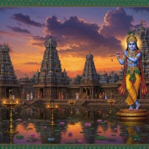 A majestic ancient South Indian temple complex at twilight, with the main shrine dedicated to Lord Krishna as Navamohana Krishna, who stands in tribhanga pose playing his divine flute, adorned in rich yellow silk dhoti and elaborate gold ornaments, with a peacock feather crown. The temple architecture features intricate Dravidian-style gopurams with detailed sculptures in gold and deep blue hues. The foreground shows a serene temple pond with floating lotus flowers, their petals glowing with ethereal light. Multiple brass deepa-stambhams (lamp posts) illuminate the scene with warm golden light. Devotees in traditional attire circumambulate the temple. The sky features a mystical combination of deep purple and orange sunset clouds, with subtle mandala patterns emerging. Intricate Madhubani-style border elements frame the scene, incorporating peacock motifs and geometric patterns in turquoise and gold. The overall atmosphere is mystical and divine, with soft light rays filtering through the temple towers, and subtle particle effects suggesting spiritual energy. The art style combines hyperrealistic architectural details with ethereal lighting and traditional Indian artistic elements.