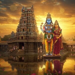 A majestic aerial view of Oppiliappan Temple during sunrise, with golden rays illuminating its ornate Dravidian gopuram decorated with intricate sculptures. The temple tank in the foreground reflects the temple's image like a mirror, surrounded by blooming lotus flowers. Lord Oppiliappan (Venkatesa) stands in the center, depicted with four hands - upper right hand holding the Chakra, upper left hand holding the Sankha, lower right hand in Abhaya mudra, and lower left hand resting on his hip. He wears traditional pitambara (yellow garment) and is adorned with sparkling jewelry. His divine consort Bhumi Devi stands beside him, wearing a rich maroon silk saree with gold border. The background features mystical elements like floating mandalas, ethereal light streams in shades of saffron and deep blue, and traditional Pattachitra-style border patterns. Devotees in traditional Tamil attire are shown performing pradakshina around the temple. The scene is rendered in a blend of hyperrealistic digital art with traditional Tanjore painting elements, emphasizing the temple's architectural grandeur and spiritual significance.