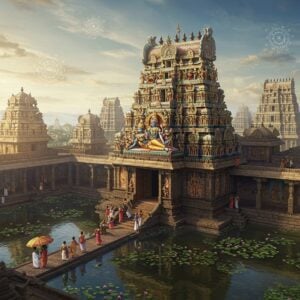 A majestic aerial view of an intricately detailed South Indian Dravidian temple complex, featuring the main Parimala Ranganatha Perumal shrine with Lord Vishnu reclining on Adisesha with Goddess Lakshmi at his feet. The temple architecture showcases multiple-tiered gopurams adorned with detailed sculptures in gold and saffron hues. The foreground features a large temple tank with lotus flowers, reflecting the entire temple structure in its calm waters. Soft morning sunlight bathes the scene, creating a divine atmosphere with golden rays filtering through mystic clouds. The temple walls display elaborate Madhubani-style paintings depicting scenes from Vishnu Purana. Devotees in traditional South Indian attire circumambulate the temple. The scene incorporates floating mandalas and spiritual symbols in peacock blue and deep maroon. The overall composition has a surreal, ethereal quality with glowing auras around the temple spires. Architectural details include ornate pillars, stone carvings, and traditional Tamil temple motifs. Style: photorealistic digital art with elements of traditional Indian art, cinematic lighting, epic scale, detailed ornamentation, ultra-high definition.