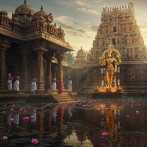 An ancient South Indian temple complex with intricate Dravidian architecture, featuring towering gopurams adorned with detailed sculptures in gold and saffron hues. The main sanctum radiates divine light where Lord Vishnu as Vaithamanidhi Perumal stands in a majestic pose, adorned with traditional temple jewelry, holding Sankha and Chakra. The temple's reflection shimmers in a serene pond filled with pink lotus flowers. Soft morning sunlight filters through ornate pillared corridors, creating dramatic light rays. The scene includes detailed stone carvings of celestial beings and mythological stories on temple walls, rendered in the style of traditional Pattachitra art but with modern digital refinement. The foreground shows devotees in traditional Tamil attire performing pradakshina. The color palette combines deep maroons, peacock blues, and burnished golds with ethereal glowing elements. Hyper-detailed architectural elements with weathered stone textures contrast with supernatural lighting effects and a mystical atmosphere. Photorealistic 8k, cinematic lighting, volumetric fog, golden hour