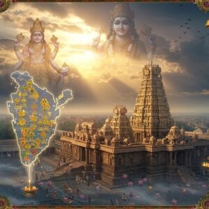 A majestic aerial view of an ancient Vishnu temple complex in South India, with its towering golden gopuram decorated with intricate Dravidian architecture and sculptures. In the foreground, a ethereal, glowing map of Tamil Nadu materializes in the air, with 108 small golden lotus flowers marking each Divyadesam location, connected by streams of divine light. Lord Vishnu appears translucent in the background, in his characteristic four-armed form, holding the Sankha, Chakra, Gada, and Padma, wearing pitambara and adorned with Vanamalai. The scene is illuminated by warm, divine light breaking through clouds, creating sun rays that highlight the temple structure. Traditional Madhubani-style peacocks and lotus motifs frame the corners. The color palette features deep blues, royal golds, saffron, and spiritual purples. Sacred symbols like conch shells and Temple bells float ethereally in the scene. Modern digital art style with photorealistic textures mixed with traditional Indian art elements, creating a 3D depth effect with atmospheric fog.