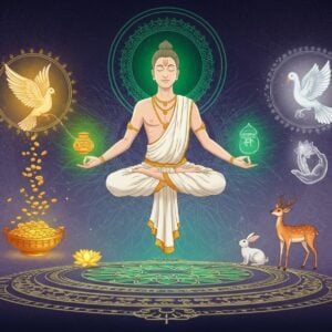 A serene Indian yogi in lotus position levitating above a circular mandala platform, radiating three distinct auras - golden (representing Aparigraha), emerald green (representing Asteya), and pure white (representing Ahimsa). The figure wears flowing white dhoti with gold trim, surrounded by symbolic elements: a dove releasing materialistic items like gold coins and jewelry (Aparigraha), a transparent hand returning a stolen apple to a tree (Asteya), and gentle animals - deer, rabbit, and dove - peacefully gathering near the yogi (Ahimsa). The background features a modern gradient from deep indigo to soft lavender, with intricate Madhubani-style patterns flowing throughout. Sacred geometric patterns and delicate lotus flowers float in the space, rendered in metallic gold lines. The lighting creates a divine atmosphere with soft glows and spiritual energy streams in pastel hues. The overall composition should balance traditional Indian artistic elements with contemporary digital art techniques, creating a sophisticated and mystical atmosphere. Hyperrealistic details in the yogi's peaceful expression and the texture of the fabric, with an ethereal quality to the entire scene.