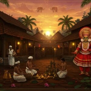 A vibrant Kerala village scene at sunset with traditional Ezhava performers in the foreground, featuring a Thiyya Theyyam dancer in elaborate red and gold costume with towering headpiece performing against a backdrop of coconut palms. In the middle ground, skilled artisans practicing traditional Chengila (bronze bell metal) crafting, their workspace illuminated by warm golden light. To the left, musicians playing the Chenda and Ilathalam in perfect harmony, their instruments decorated with intricate Kerala-style patterns. The scene includes classical Kerala architecture with sloped terracotta-tiled roofs and wooden pillars, adorned with detailed Madhubani-inspired patterns. The color palette features deep reds, burnished golds, forest greens, and earthy browns. Soft glowing orbs of light float around the scene, creating a mystical atmosphere. The composition includes traditional Kerala motifs like lotus flowers and elephants integrated into a mandala pattern in the sky. The art style combines hyperrealistic details with ethereal lighting and surreal elements, maintaining a modern aesthetic while showcasing traditional elements. The scene is framed by stylized coconut leaves and traditional Kerala architectural elements.