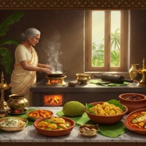 A richly detailed traditional Kerala kitchen scene with an elderly Ezhava woman in cream-colored kasavu mundu preparing food on a traditional bronze uruli. The scene features a harmonious blend of traditional elements - polished bell-metal cookware, coconut graters, granite grinding stones, and banana leaves arranged for serving. Natural sunlight streams through a wooden window, creating golden highlights on aromatic spices like cardamom, pepper, and turmeric arranged in traditional brass containers. In the foreground, a modern marble countertop displays signature Ezhava dishes - koottan (mixed vegetable curry), chakka puzhukku (jackfruit dish), and fresh pearl spot fish curry in earthen pots. The background shows a spice garden with curry leaves, coconut palms, and banana trees. The art style combines Madhubani patterns in the borders with contemporary digital art techniques, using a warm color palette of deep browns, forest greens, turmeric yellows, and terracotta reds. Soft ethereal lighting emphasizes the steam rising from the dishes, creating a dreamy, inviting atmosphere.