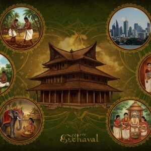 A dynamic collage showing a majestic traditional Kerala tharavad house in the center with ornate wooden architecture and sloped tiled roof, surrounded by four circular vignettes depicting Ezhavas in different time periods and locations. The first vignette shows traditional toddy tappers in Kerala wearing mundus climbing palm trees. The second shows modern-day Ezhava professionals in business attire in a global city skyline. The third depicts Ezhava scholars and teachers in a modern university setting. The fourth shows Ezhava families celebrating traditional festivals with modern elements. Connected by flowing golden threads forming an intricate mandala pattern. Rich earthy colors of Kerala - deep greens, browns, and golds dominate. Soft glowing aura surrounds the entire composition. Traditional Kerala motifs like elephants and lotus flowers blend seamlessly with modern elements. The art style combines traditional Malayali mural art techniques with contemporary digital aesthetics. Atmospheric lighting creates a dreamy, nostalgic mood. The scene is framed by stylized coconut palms and traditional Kerala lamp motifs.