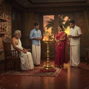 A dignified Indian family gathering scene in a modern Kerala home, featuring three generations of Ezhava community members engaged in traditional toddy tapping artifacts displayed prominently on carved wooden shelves. The elder wearing a pristine white mundu and jubba sits in a teakwood chair, while younger members in modern business attire stand around. A beautiful brass Vilakku (traditional lamp) glows warmly in the foreground, casting intricate shadows on the polished red oxide floor. Through large windows, coconut palms sway against a sunset sky. The walls feature Madhubani-style artwork depicting historical Ezhava cultural elements - coir making, ayurvedic healing, and martial arts. The lighting is warm and golden, creating a rich atmosphere with deep maroons and peacock blues in the textiles and decorations. Modern elements like smartphones and laptops seamlessly blend with traditional elements. Ornate mandala patterns frame the scene, with subtle lotus motifs in pastel hues floating ethereally in the background. The style combines hyperrealistic photography with magical realism, emphasized by a soft ethereal glow throughout the scene.
