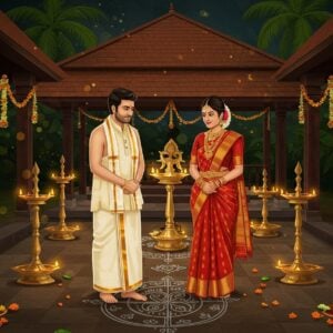 A serene Indian wedding scene set in Kerala, featuring a young Ezhava couple in traditional attire - the groom wearing crisp cream and gold mundu with angavastram, the bride in elegant red and gold Kerala saree with traditional temple jewelry and jasmine flowers in her hair. They stand beneath a grand mandapa decorated with fresh banana leaves, coconut fronds, and marigold garlands in authentic Kerala style. The background showcases a modern interpretation of traditional Kerala architecture with copper-roofed structures and wooden pillars. Soft golden light illuminates the scene, creating a dreamlike atmosphere. Traditional brass nilavilakku (lamps) glow warmly, surrounded by intricate kolam patterns. The scene incorporates modern elements like subtle fairy lights and contemporary floral arrangements while maintaining cultural authenticity. The artwork style blends Madhubani's intricate patterns with digital art's smooth gradients, using a color palette of deep maroons, forest greens, and burnished gold. Ethereal light particles and delicate lotus motifs float in the air, creating a magical ambiance that bridges tradition and modernity.