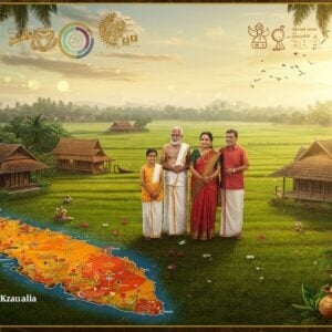 A panoramic aerial view of Kerala's lush green landscape with traditional tharavadu houses seamlessly blending with modern architecture, shot from a mystical perspective. In the foreground, a detailed demographic map of Kerala rendered in traditional Madhubani art style using vibrant saffron, deep maroon, and peacock blue. Three generations of Ezhava family members dressed in contemporary Kerala attire stand together - elderly in traditional mundus and younger ones in modern fusion wear. Sacred thulasi plants and coconut trees frame the scene. Intricate Kerala-style golden mandalas float in the background, containing subtle infographic elements. The lighting is warm and ethereal, with golden sun rays filtering through coconut palms. A toddy tapper's traditional tools and modern education symbols are artistically arranged in the corner, symbolizing evolution. The scene is rendered in a harmonious blend of hyperrealistic digital art with traditional Kerala mural painting style. Soft glowing orbs and floating lotus petals add a mystical element to the composition.