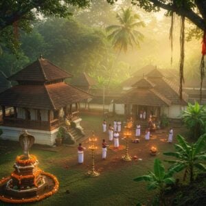 A breathtaking aerial view of a traditional Kerala temple complex nestled among lush green coconut palms and banana groves, with sacred serpent grove (sarppakavu) in the foreground. The temple architecture features distinctive Kerala-style copper-plated roofs with golden finials, intricate wooden carvings, and white-washed walls. Soft morning mist hovers over the temple grounds, illuminated by warm golden sunlight. In the middle ground, devotees in traditional Kerala attire (white mundu and neriyathu) perform ritual circumambulation around the temple. The scene includes traditional Kerala oil lamps (nilavilakku), vibrant marigold garlands, and banana leaves arranged in traditional patterns. The color palette combines deep greens, burnished golds, earthy reds, and pristine whites. The artwork style merges traditional Pattachitra techniques with modern digital art, featuring detailed line work and intricate patterns. Sacred banyan trees with hanging roots frame the scene, adorned with red and gold cloth. Ethereal rays of light filter through the morning mist, creating a mystical atmosphere. The overall composition emphasizes the spiritual significance while maintaining photorealistic details and magical realism.