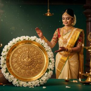 A close-up view of an intricately detailed golden Ezhava thali necklace floating gracefully in the center, emanating a soft divine glow, set against a rich emerald green Kerala silk background. The thali features traditional Malayalam-style engravings with detailed palm leaf motifs and sacred symbols. Around the thali, delicate jasmine flowers and golden coconut leaves form a circular mandala pattern. A beautiful young Kerala bride in cream and gold kasavu saree with traditional temple jewelry appears in soft focus in the background, her hands gracefully reaching towards the thali. Ethereal rays of golden light filter through, creating a mystical atmosphere. The scene incorporates elements of Kerala architecture with wooden pillars and brass lamps in the far background. Small oil lamps with floating wicks create a warm, ceremonial ambiance. Art style combines hyperrealistic jewelry details with dreamy, soft-focus surroundings, using a color palette of gold, cream, emerald green, and warm amber tones. The overall composition should reflect both tradition and contemporary elegance.
