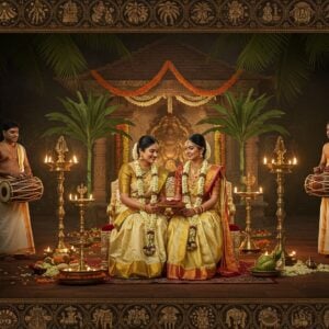 A grand Kerala-style traditional wedding mandapa adorned with fresh banana leaves, marigold garlands, and coconut palm decorations, illuminated by traditional brass nilavilakku lamps. In the center, a beautiful Ezhava bride in a cream and gold Kerala kasavu saree with traditional temple jewelry (including distinctive nethichooti, mulla mottu, and palakka necklace) sits beside her groom wearing a crisp white and gold mundhu. The scene captures the thalikettu ceremony moment, with golden light streaming through the coconut palms. Traditional musicians playing chenda and edakka drums are visible in soft focus in the background. The scene is enhanced with intricate Madhubani-style border patterns featuring coconut trees, elephants, and Kerala architectural elements. The color palette focuses on rich golds, ivory whites, deep greens, and vermillion reds, with a soft ethereal glow surrounding the couple. Hyperrealistic digital art style with attention to authentic Kerala architectural details and ceremonial elements, creating a perfect blend of tradition and modern aesthetics.