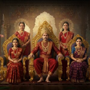 A majestic Ahom royal court scene depicting King Siva Singha seated on an ornate golden throne in traditional Ahom royal attire with rich maroon and gold embellishments. Around him, his family members are arranged in a hierarchical composition. His parents stand behind him, father in royal regalia and mother in traditional Assamese mekhela chador with gold work. His three queens are seated on smaller thrones to his right, wearing elaborate jewelry and traditional Assamese attire in deep blues and crimson. His sons stand to his left in princely attire. The scene is set in an intricately detailed palace interior with Assamese-style architecture, featuring carved wooden pillars and traditional motifs. Soft, ethereal light streams through ornate windows, creating a divine atmosphere. The background features detailed Madhubani-style patterns in gold and deep colors showing scenes from Ahom history. The overall composition has a surreal, spiritual quality with floating lotus flowers, subtle mandalas, and a gentle golden glow encompassing the royal family. Art style combines traditional Assamese artistic elements with modern digital fantasy art techniques, emphasizing rich textures and royal grandeur.