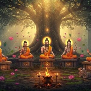 A mystical forest clearing at dawn, where seven ancient Indian Rishis sit in deep meditation on carved stone platforms adorned with Sanskrit symbols. Each Rishi has distinct features - Vasistha with his white beard and kamandalu, Vishwamitra holding his divine bow, Agastya with his short stature and powerful aura, Narada with his veena, Vyasa with palm-leaf manuscripts, Atri with his radiant face, and Kashyapa surrounded by animals. They wear saffron robes with intricate Madhubani-style patterns. Behind them rises a massive sacred fig tree with glowing golden leaves, its branches forming natural mandalas. Ethereal light streams through the canopy, creating halos around the Rishis. The scene is surrounded by floating lotus flowers, peacock feathers, and swirling cosmic energy in deep indigo and saffron hues. Sacred fire burns in copper vessels nearby, emitting spiritual energy visualized as golden spirals. Photorealistic digital art style with magical elements, cinematic lighting, and rich textures. 8k resolution, extremely detailed, professional lighting.