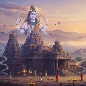 A majestic Lord Shiva temple complex in South Indian Dravidian architecture style, with towering gopurams adorned with intricate stone carvings and golden kalashas. Lord Shiva appears as a ethereal, translucent form floating above the temple, in his classical four-armed pose - upper right hand holding trishul, upper left hand holding damaru, lower right hand in abhaya mudra, lower left hand pointing to his feet. He has a serene expression, third eye, crescent moon, and flowing dreadlocks with the Ganga flowing through them. The temple structure below features traditional granite stonework with ornate pillars and mandapams. Surrounding the temple are ethereal floating lotus flowers, glowing diyas, and spiraling sacred smoke. The scene is bathed in a mystical blue light with golden accents. The background shows misty mountains and a sunrise sky in pastel purples and oranges. Several devotees in traditional South Indian attire are shown circumambulating the temple. Intricate Mandala patterns and yantra designs float in the air. The overall composition combines photorealistic temple architecture with supernatural ethereal elements in a modern digital art style with dramatic lighting and atmosphere.
