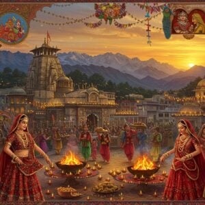 A grand panoramic scene of Jammu's Raghunath Temple complex during Lohri celebrations, illuminated by hundreds of floating diyas and vibrant ceremonial fires. In the foreground, traditionally dressed Dogra women in crimson pherans and ornate headgear perform the ceremonial dance, their gold jewelry gleaming. The middle ground features detailed Madhubani-style illustrations of various festival symbols - Baisakhi wheat stalks, Navratra kalash, and Lohri's sesame seeds and jaggery. The background shows the snow-capped Pir Panjal mountains with a magical sunset casting golden-orange hues. Multiple small scenes blend seamlessly: devotees carrying prasad in brass thalis, children flying colorful kites, and elderly women in traditional Dogra attire preparing festival sweets. The scene incorporates intricate border patterns inspired by Basohli paintings with peacock motifs and geometric designs in deep maroon, saffron, and royal blue. Ethereal golden light bathes the entire composition, with subtle sparkles and glowing mandalas floating in the air, creating a mystical atmosphere. The art style merges photorealistic elements with traditional Indian miniature painting techniques, featuring rich textures and intricate details.