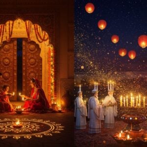 A mesmerizing split-scene composition featuring Diwali celebration in India seamlessly merging with global light festivals. On the left, an ornate Indian doorway adorned with marigold garlands and traditional rangoli patterns glowing with diyas, where an Indian family in festive attire lights earthen lamps. The right side transitions into a flowing collage showing: Chinese lantern festival with floating red lanterns, Jewish menorah with golden flames, Swedish Santa Lucia ceremony with white-robed figures wearing crown of candles, and Thai Loy Krathong with floating lotus-shaped vessels. The entire scene is unified by streams of golden light particles and floating sparks. Art style combines traditional Madhubani patterns in the Indian elements with modern digital aesthetics, using a rich color palette of deep crimson, royal blue, saffron, and gold. Ethereal ambient lighting creates a warm, magical atmosphere with soft bokeh effects. The foreground features intricate mandala patterns made of light trails, while the background shows a starlit night sky. Photorealistic details with mystical elements, executed in high-end digital art style with cinematic lighting.