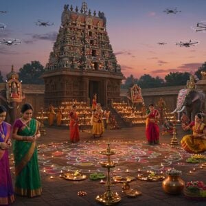 A grand panoramic view of a South Indian temple courtyard at dusk, illuminated by thousands of traditional brass oil lamps and modern LED diyas creating a magical golden glow. In the foreground, three generations of Indian women in rich Kanjivaram sarees (emerald green, royal blue, and deep purple with gold borders) perform traditional rituals. The central focus shows a large kolam pattern made with both traditional rice flour and illuminated with modern light installations, creating a fusion of past and future. The temple architecture features intricate Dravidian style with modern architectural lighting highlighting its gopuram. Multiple festival elements are artfully arranged: fresh jasmine garlands, banana leaves with traditional offerings, copper vessels filled with flowers, and contemporary LED screens displaying spiritual symbols. The scene includes dancers in Bharatanatyam pose with traditional costumes but subtle futuristic elements in their jewelry. The background shows a harmonious blend of traditional temple elephants decorated with ornate accessories alongside modern drone light shows forming celestial patterns in the twilight sky. The overall composition maintains a deep spiritual atmosphere while seamlessly integrating modern elements, rendered in a style combining traditional Thanjavur painting techniques with contemporary digital art aesthetics, emphasizing rich golds, deep magentas, and peaceful blues.