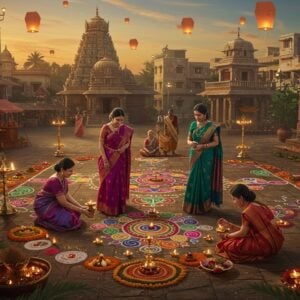 A magnificent aerial view of a traditional Deccan village square during festivities, captured at golden hour. In the foreground, three generations of Indian women in rich Kanjeevaram sarees (deep purple, emerald green, and royal blue with golden borders) perform traditional rituals around an elaborate rangoli made with vibrant organic colors. The rangoli features intricate peacock motifs and geometric Kolam patterns that glow with an ethereal light. Floating brass diyas and marigold garlands create a warm golden halo effect. In the background, modern apartment buildings blend seamlessly with ancient temples featuring distinctive Deccan architecture. The sky shows a gradient from deep saffron to twilight blue, with floating paper lanterns casting a magical glow. Detailed Bidri work patterns frame the scene, while contemporary LED festival lights create a starry effect. The composition includes traditional elements like banana leaves, coconuts, and kumkum alongside modern celebratory elements. Art style combines hyperrealistic digital rendering with traditional Kalamkari patterns, emphasizing both heritage and contemporary aesthetic. The lighting creates a dreamy, cinematic atmosphere with soft bokeh effects and golden rim lighting.