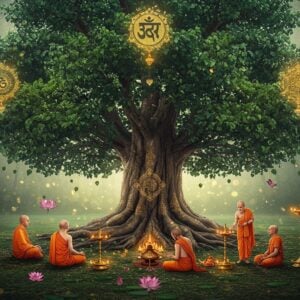 A majestic, ancient Ficus Religiosa (Peepal tree) with an expansive canopy dominates the center frame, its distinctive heart-shaped leaves rendered in rich emerald and sage green tones. The trunk is intricately textured, adorned with traditional Indian patterns and motifs in gold. A soft, ethereal glow emanates from behind the tree, creating a mystical aura. The scene is split into four quadrants: one showing Buddhist monks in orange robes meditating beneath the tree, another depicting Hindu devotees performing a traditional puja with brass lamps, the third showing the tree's ecosystem with birds and butterflies in jewel tones, and the fourth featuring the tree's distinctive leaves transforming into geometric mandala patterns. Floating lotus flowers and glowing orbs surround the scene. The color palette combines deep forest greens, royal purples, burnished golds, and soft amber lighting. The art style merges hyperrealistic botanical details with ethereal Indian traditional art elements, creating a surreal yet scientifically accurate representation. Scene includes delicate morning mist, dew drops catching golden light, and subtle Sanskrit symbols emerging from the tree's aura.