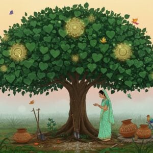 A serene sacred fig (Ficus Religiosa) tree with heart-shaped leaves rendered in Madhubani art style, its branches forming an elegant canopy against a soft golden-pink sky. The tree emanates a subtle spiritual glow, with delicate mandalas floating around its leaves. At its base, a young Indian woman in a mint green cotton saree tends to the tree, her hands cupped in a nurturing gesture. Traditional Indian pottery water vessels and garden tools decorated with paisley patterns rest nearby. Dappled sunlight filters through the leaves, creating intricate shadows on the ground. Small butterflies and birds in peacock blue and saffron colors flutter around the foliage. The scene incorporates both traditional elements like kolam patterns in the soil and modern minimalist gardening tools. The overall composition suggests growth, care, and spiritual connection, with a harmonious blend of deep greens, warm golds, and soft earth tones. Ethereal mist swirls at the base of the tree, creating a dreamlike atmosphere. The art style combines hyperrealistic botanical details with stylized Indian art elements, creating a contemporary spiritual aesthetic.