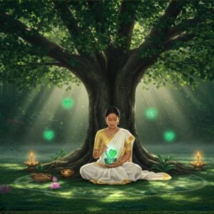 A serene Indian woman healer in a flowing white cotton sari with golden border, sitting cross-legged beneath a majestic Ficus Religiosa (Peepal tree) with its distinctive heart-shaped leaves. The tree's canopy creates intricate shadows with sunlight filtering through, forming natural mandala patterns on the ground. Small glowing orbs of emerald and gold float around her, representing healing energy. In her hands, she holds a crystalline mortar and pestle containing luminescent Peepal leaves. The scene is set in a mystical garden with traditional Madhubani-style border patterns featuring sacred geometry. A soft mist surrounds the base of the tree, creating an ethereal atmosphere. The color palette includes deep forest greens, spiritual purples, healing whites, and touches of gold. The background features delicate lotus flowers and traditional Ayurvedic symbols rendered in a modern, minimal style. The lighting is soft and diffused, creating a dreamy, spiritual atmosphere with rays of sunlight creating a natural halo effect.