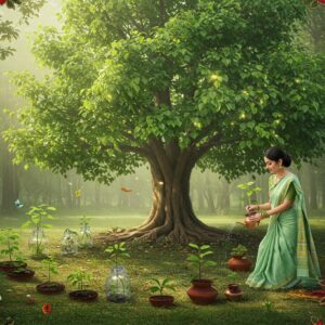 A serene garden scene with a majestic mature Ficus Religiosa (Peepal tree) as the central focus, its heart-shaped leaves shimmering with golden-green luminescence. In the foreground, a young Indian woman in a modern pastel green cotton saree performs the traditional act of watering a small Peepal sapling. Multiple stages of propagation are artistically arranged in a spiral pattern: crystal-clear glass jars with rooting cuttings, small clay pots with emerging seedlings, and medium-sized plants showing healthy growth. Dappled sunlight filters through the canopy, creating ethereal patterns on the ground. Intricate Madhubani-style border patterns featuring leaves and vines frame the scene. The color palette combines earthy browns, vibrant greens, and touches of gold. Sacred threads and small copper vessels typical of tree worship are subtly placed around the mature tree. Small butterflies and birds hover near the branches, while a soft morning mist adds a mystical quality. The scene is rendered in a fusion of hyperrealistic digital art with traditional Indian artistic elements.