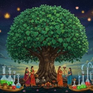 A majestic Ficus Religiosa (Peepal tree) centered in the composition, its distinctive heart-shaped leaves rendered in luminous emerald and sage green, with intricate golden veins catching ethereal light. The massive trunk shows detailed Madhubani-style patterns in deep browns and golds. Around the base, traditional Indian women in colorful sarees (maroon, saffron, peacock blue) perform traditional rituals with brass vessels and flowers. The tree canopy forms a natural mandala pattern against a surreal twilight sky filled with floating golden particles. In the foreground, modern laboratory equipment (glass beakers, microscopes) arranged on traditional brass trays, containing glowing extracts. Supernatural aura emanates from the tree, with soft blues and purples creating a mystical atmosphere. Small vignettes around the tree show ayurvedic preparations, yoga practitioners, and modern pharmaceutical applications, all rendered in a blend of traditional Pattachitra and contemporary digital art style. Floating lotus flowers and yantra patterns frame the scene, while silver thread-like details highlight the tree's sacred nature. The lighting is dramatic with dappled sunlight filtering through the leaves, creating a spiritual ambiance.