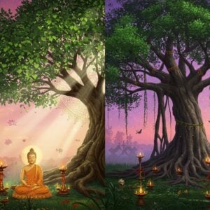 A majestic split composition showcasing two sacred Indian trees side by side, separated by an ornate golden mandala pattern. On the left, a Ficus Religiosa (Peepal) with its distinctive heart-shaped leaves in emerald green, illuminated by soft morning light, with meditating Buddha figure beneath it rendered in traditional Madhubani style. On the right, a massive Ficus Benghalensis (Banyan) with its characteristic aerial roots forming intricate patterns, adorned with hanging vines and multiple trunks in deep forest green. Both trees are embellished with delicate Pattachitra-style patterns in their bark. Small golden diyas and red sacred threads wind around their trunks. The background features a gradient from dawn pink to spiritual purple, with floating lotus flowers and swirling paisley patterns. Ethereal beams of light filter through both canopies. The scene is rendered in a modern digital art style while maintaining traditional Indian art elements, with hyper-detailed textures and a dreamy, mystical atmosphere. Small birds and butterflies in metallic gold add movement to the composition.