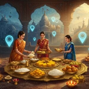 A grand, ornate temple kitchen rendered in Madhubani-inspired digital art style, where three Indian women in traditional silk sarees (saffron, maroon, and deep blue) prepare elaborate bhog offerings. The scene features intricate golden thalis arranged in a mesmerizing mandala pattern, filled with colorful prasad items - yellow kesari halwa, white rice, golden laddoos, and fresh fruits. Floating above are ethereal, glowing GPS location markers in soft blue light, seamlessly blending with decorative paisley patterns. The background showcases a modern cityscape silhouette in peacock blue and gold, with temple spires emerging between buildings. Delicate lotus motifs and sacred symbols float in the air, emitting a gentle divine glow. The lighting is warm and inviting, with rays of sunlight filtering through traditional jaali windows, creating intricate shadow patterns. A smartphone with a gleaming screen hovers in one corner, surrounded by a halo of traditional rangoli patterns. The composition combines traditional elements with modern technology, rendered in a high-end digital art style with rich textures and atmospheric lighting.