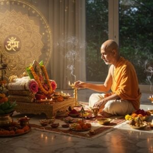 A serene Indian priest (pujari) in pristine white dhoti and angavastram performing an elaborate puja ceremony in a modern, well-lit contemporary home setting. The pujari sits on an ornate brass asana, surrounded by traditional puja items arranged in sacred geometry patterns. A soft, ethereal golden light emanates from brass diyas and modern LED tea lights. The scene combines traditional elements like copper kalash, fresh flowers, and sindoor with modern touches like a sleek marble altar and minimalist decor. In the background, a translucent, glowing mandala pattern floats in the air, while subtle sacred Sanskrit symbols shimmer in metallic gold. The lighting creates a warm, inviting atmosphere with rays of sunlight streaming through modern windows. The color palette features warm golds, deep maroons, and pristine whites, with accents of marigold orange and lotus pink. The pujari's expression reflects deep spiritual concentration while performing the rituals. Smoke from incense creates mystical swirls in the air, backlit by natural light. The composition emphasizes the seamless blend of ancient traditions with contemporary living. Hyperrealistic digital art style with a touch of spiritual luminescence.