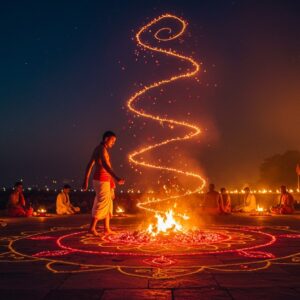 A serene nighttime scene showing an Indian spiritual practitioner performing firewalking on glowing crimson coals arranged in an intricate mandala pattern. The practitioner wears traditional white dhoti with upper body bare, adorned with sacred ash marks. Behind him, a beautiful gradient of deep indigo to burnt orange sky features delicate smoke patterns forming sacred geometry. The coal bed emits ethereal golden sparks that spiral upward, merging with floating lotus petals. In the background, other practitioners meditate in preparation, surrounded by soft-glowing oil lamps. The scene combines photorealistic fire effects with Madhubani-style decorative elements in the smoke patterns and mandala coal arrangement. The lighting emphasizes the contrast between the fire's warm glow and cool night shadows, creating a mystical atmosphere. Intricate henna-like patterns appear in the smoke trails, while the ground features traditional rangoli patterns in gold dust. The overall composition balances the intensity of the ritual with spiritual serenity, rendered in a modern digital art style with rich textures and atmospheric lighting.