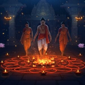 An ethereal nighttime scene featuring three Indian practitioners performing a sacred firewalking ritual, walking barefoot on glowing red-hot coals arranged in an intricate mandala pattern. The central figure wears traditional white dhoti with red and gold border, while others wear traditional Indian attire in deep saffron and maroon. Their faces show deep concentration and spiritual trance. The coal bed emits a mystical orange glow, with sparks and embers floating upward like fireflies. The background features a temple architecture with ornate Madhubani-style patterns on pillars. Floating diyas and lotus flowers surround the scene, creating concentric circles of light. Side panels show symbolic representations of firewalking from other cultures - Pacific Islander patterns and Tibetan religious motifs - rendered in a modern minimalist style. The overall composition has a surreal, dreamlike quality with layers of deep blues, intense oranges, and golden highlights. The art style combines traditional Pattachitra techniques with contemporary digital art, emphasizing the contrast between fire and night, ritual and spectacle.