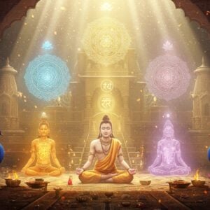 A serene Indian meditation scene showing five distinct ethereal energy forms radiating from a central figure in padmasana, each energy form in different pastel hues (saffron, celestial blue, pearl white, rose gold, and violet). The central figure, dressed in pristine white dhoti, appears in deep meditation with a golden aura. Above, five ornate mandalas float in perfect symmetry, each containing intricate Sanskrit-inspired geometric patterns. The background features a grand temple architecture merging into cosmic space, with floating lotus flowers and subtle light particles. Soft beams of divine light stream down from above. Traditional Madhubani-style peacocks frame the corners, their feathers transformed into flowing energy streams. The scene is illuminated by a warm, golden glow, creating an atmosphere of transcendental divinity. The art style combines hyperrealistic digital rendering with traditional Indian artistic elements, featuring detailed textures and modern lighting effects. Small glowing orbs of light float throughout the scene, suggesting spiritual energy. The overall color palette focuses on rich golds, deep blues, and soft pastels, with emphasis on creating a sense of depth and spiritual elevation.