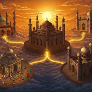 A grand aerial view of five magnificent Indo-Islamic palaces representing the Deccan Sultanates, arranged in a circular formation against a rich sunset sky in deep saffron and peacock blue. Each palace showcases distinct Deccani architectural elements - Bijapur's Gol Gumbaz with its massive dome, Golconda's diamond-studded minarets, Ahmednagar's intricate jalis, Bidar's turquoise-tiled walls, and Berar's fortified gates. The palaces are connected by flowing golden threads of light. In the foreground, detailed miniature scenes depict courtly life - nobles in elaborate Persian-influenced attire, artists painting manuscripts, and musicians playing traditional instruments. The scene is embellished with traditional Deccani motifs, featuring delicate Persian calligraphy patterns and geometric designs in gold leaf. Soft glowing orbs of light float around the structures, while stylized clouds in Madhubani style frame the composition. The artwork combines hyperrealistic architectural details with ethereal lighting and surreal elements, creating a dreamlike quality while maintaining historical accuracy.