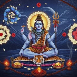 A serene scene depicting Lord Shiva in meditation pose with four arms, seated on a tiger skin against a moonlit Himalayan backdrop. His upper right hand holds a trident, upper left holds a damaru, lower hands in dhyana mudra. Around him floats a mesmerizing array of sacred flowers - white jasmine forming a glowing halo, red hibiscus creating intricate mandalas, blue lotus flowers spiraling upward, and white bilva leaves scattered beautifully. The flowers emit a soft, ethereal glow. Shiva's form is adorned with a crescent moon, matted locks with the Ganga flowing, and a serpent around his neck. The scene combines traditional Pattachitra art style with modern digital aesthetics, using deep indigos, royal blues, and metallic gold accents. Sacred rudraksha beads and vibhuti stripes float mystically in the background. A subtle smoke effect from burning incense adds depth while crystal-clear water droplets on the flowers create sparkle effects. The overall composition emphasizes divine tranquility and spiritual devotion through sacred flora.