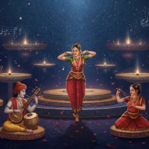 A celestial Indian classical dance performance set in a divine ethereal realm, featuring three graceful Gandharva musicians and two Apsara dancers in flowing, jewel-toned costumes. The musicians play traditional instruments - one with a golden veena, another with tabla, and third with a celestial flute, all emanating visible musical notes in swirling, luminescent patterns. The dancers are captured mid-movement, their poses creating perfect geometric forms, adorned with traditional temple jewelry and ankle bells. The background features a massive ornate mandala in deep blues and golds, with intricate Madhubani-style patterns. Multiple floating lotus platforms at different heights create a dimensional stage. Soft orbs of divine light illuminate the scene, while peacock feathers and flower petals float in spiral patterns. The color palette includes deep sapphire blue, burnished gold, rich maroon, and touches of emerald green. The entire scene is rendered in a fusion of traditional Indian miniature painting style with modern digital art techniques, creating a hyper-detailed, luminescent quality. Musical symbols and sacred geometry patterns float subtly in the atmosphere.